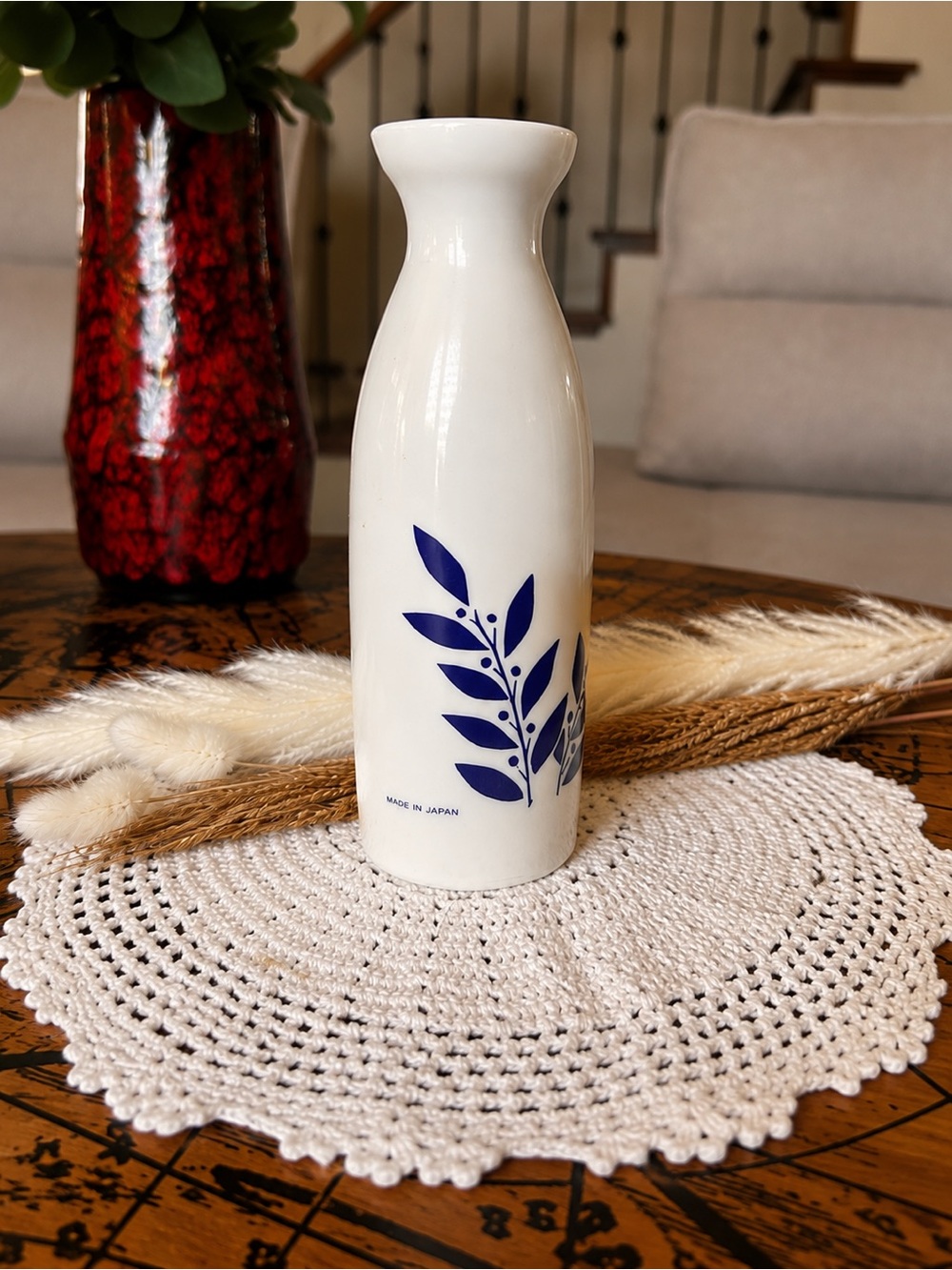 Gekkeikan Sake Bottle | White Blue Milk Glass Tokkuri Vase (Made in Japan)